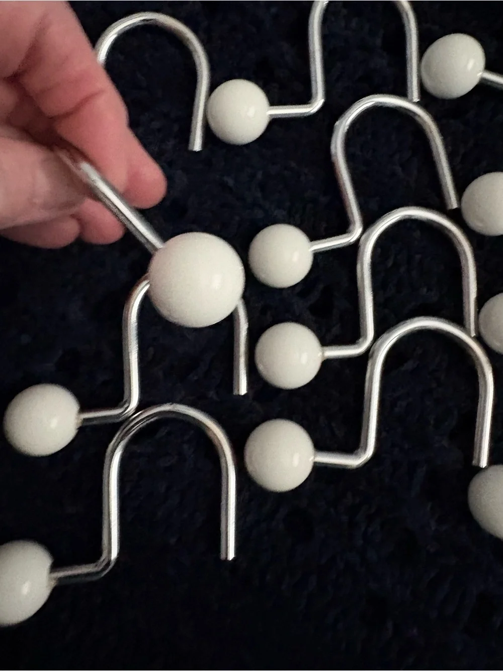 Set of 12 White Beaded Shower Curtain Hooks - Silver Metal